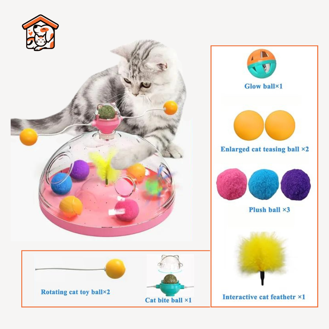 Multifunctional Turntable Cat Toy, Interactive with Track Ball and Feather