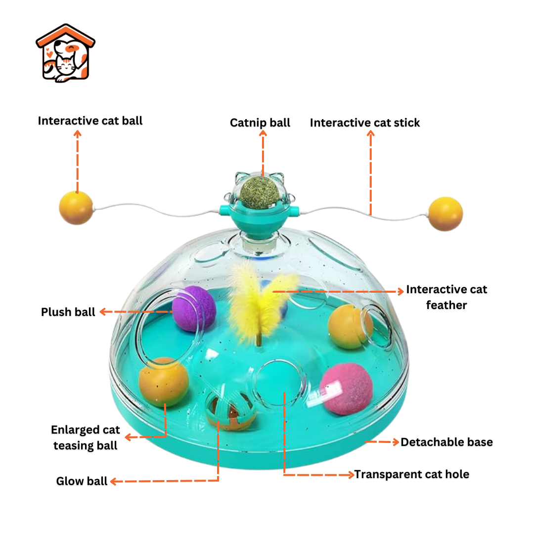 Multifunctional Turntable Cat Toy, Interactive with Track Ball and Feather